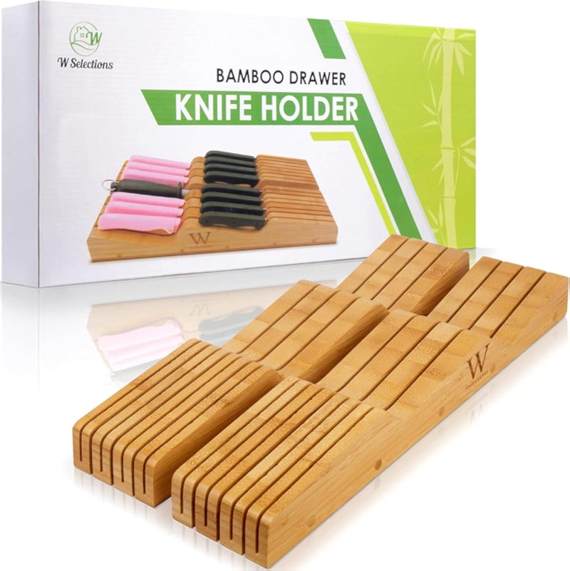 Bamboo Knife Drawer Organizer Insert - Kitchen Storage Holder for [14~20 Knives & 1~2 Knife Sharpener] Organization - Saves Countertop Space & Made of Premium Quality Moso Bamboo